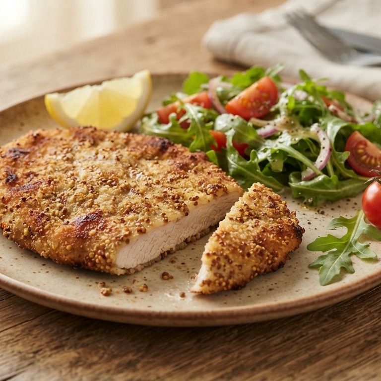 Schnitzel met een mosterdkorstje en rucolasalade