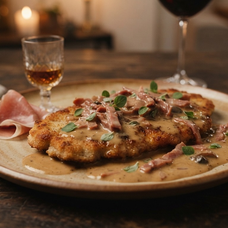 Schnitzel met ham in room-cognacsaus