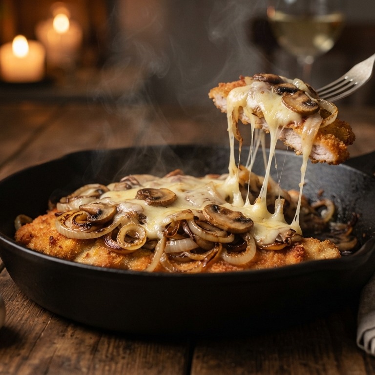 Schnitzel met ui, champignons en kaas