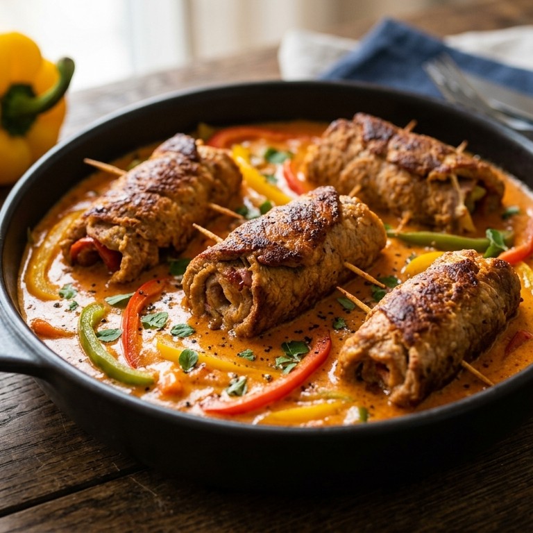 Schnitzelrolletjes in paprikaroomsaus
