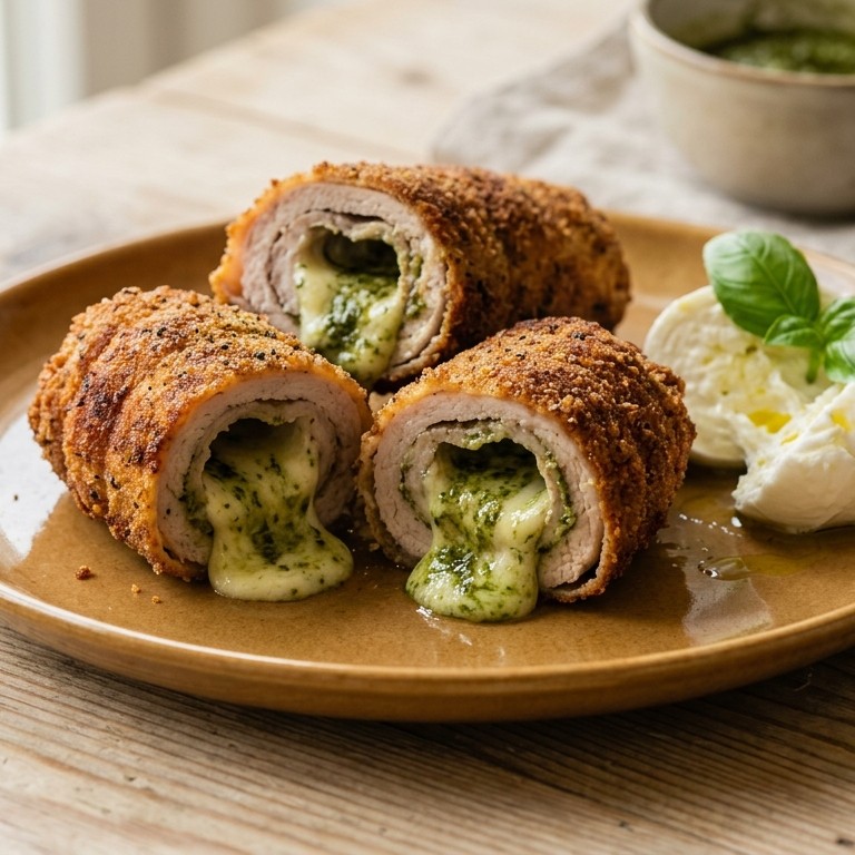 Schnitzelrolletjes met mozzarella-pestovulling