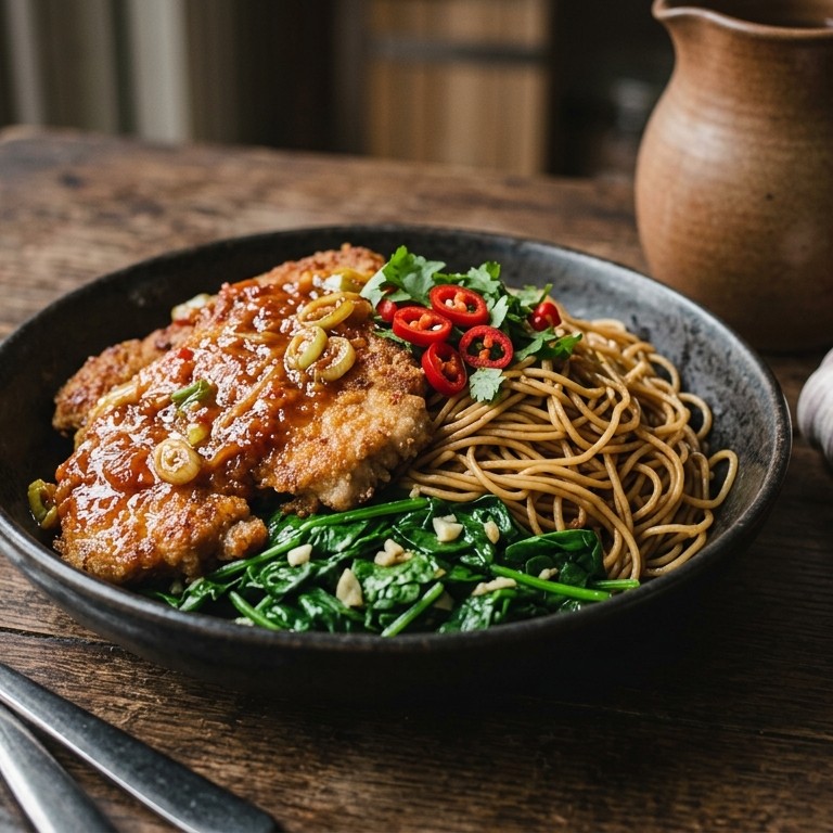 Schnitzeltjes met sambalbadjaksaus en spinazie