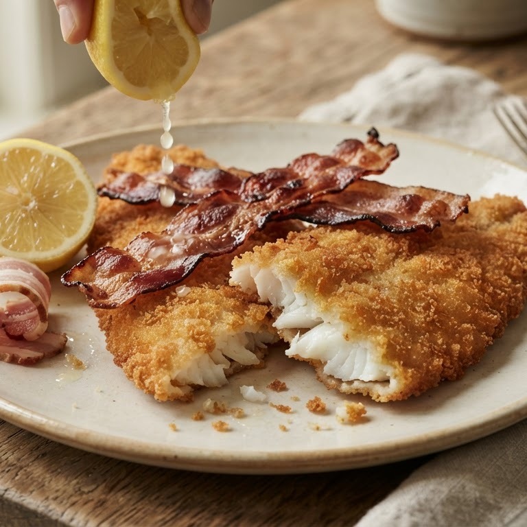Scholfilets met gebakken spek