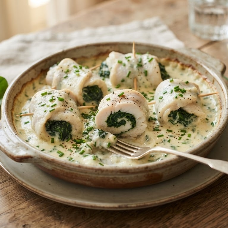 Scholrolletjes met spinazie en kaas-bieslook saus