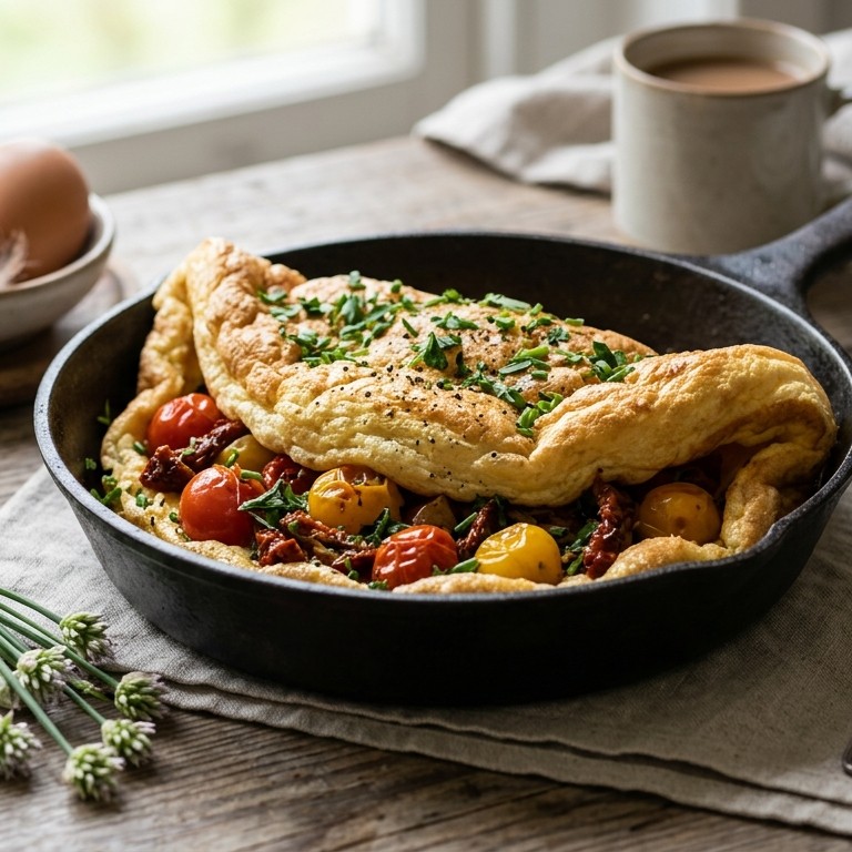 Schuimomelet met tomaten en tuinkruiden