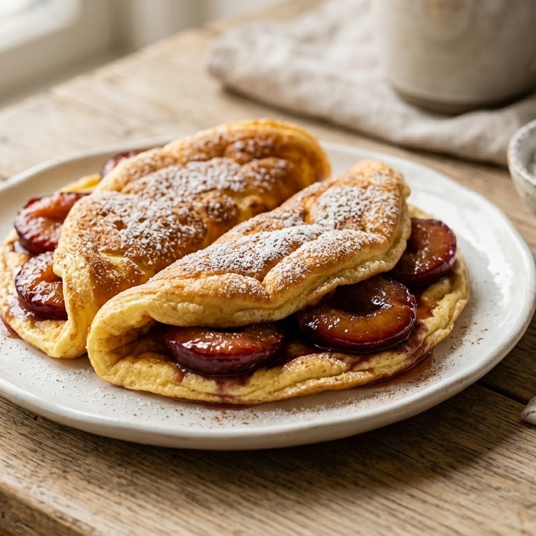 Schuimomeletjes met gekarameliseerde pruimen