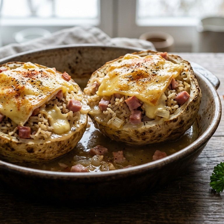 Selderijknol met ham, kaas en rijst