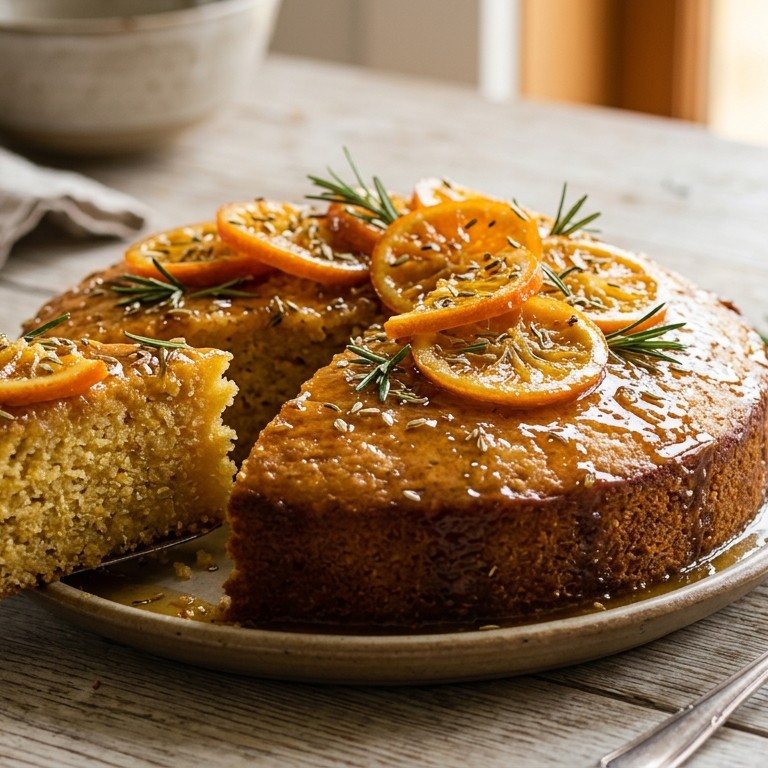 Sinaasappel & griesmeel cake met venkel/rozemarijnsiroop