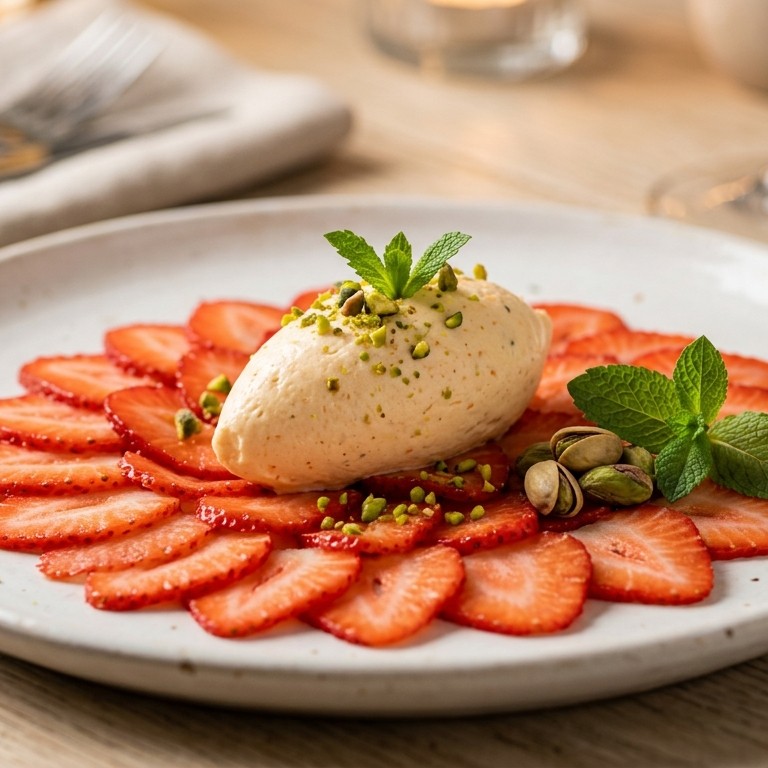 Sinaasappelmousse op aardbeiencarpaccio