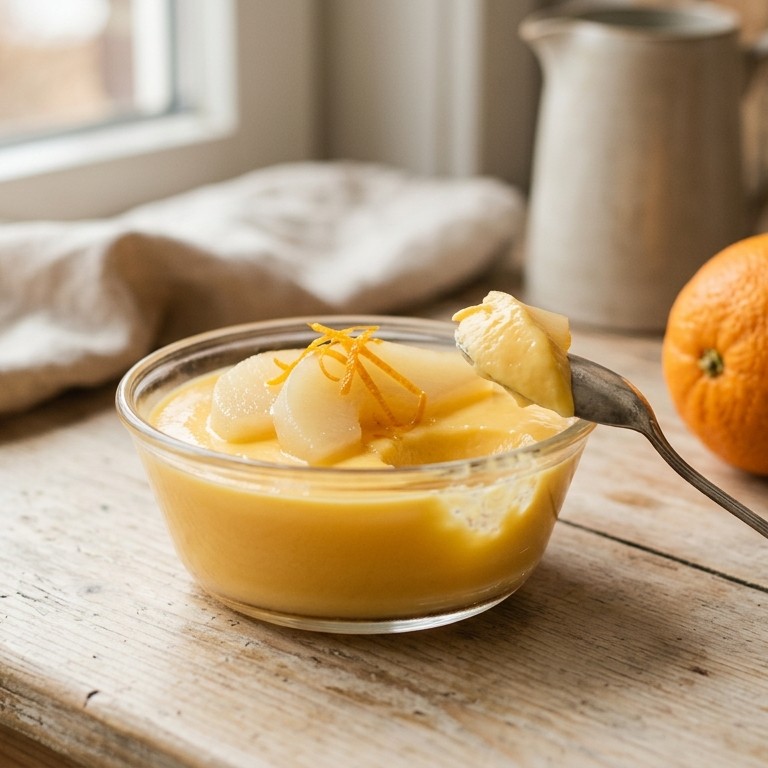 Sinaasappelpudding met peren