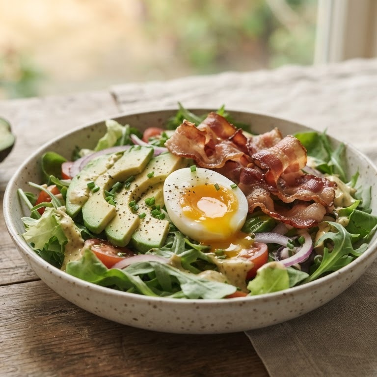 Sla met avocado, ontbijtspek en ei