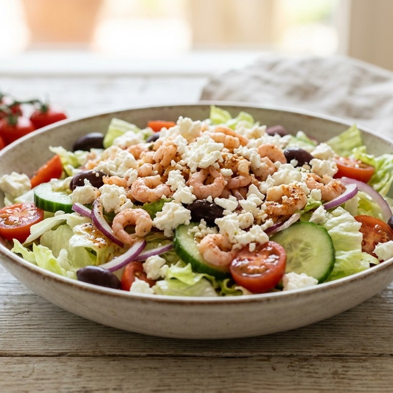 Sla met feta en kleine garnalen