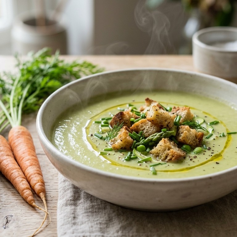 Slasoep met lentegroenten en croutons