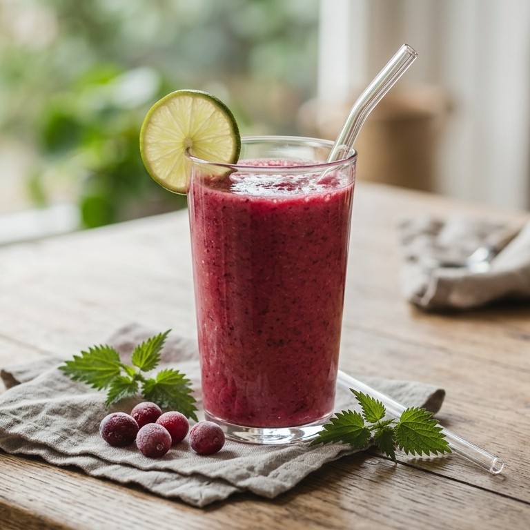 Smoothie met cranberries, limoen, banaan en brandnetel