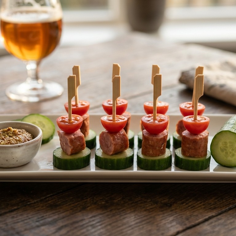 Snackje van worst, komkommer en tomaat