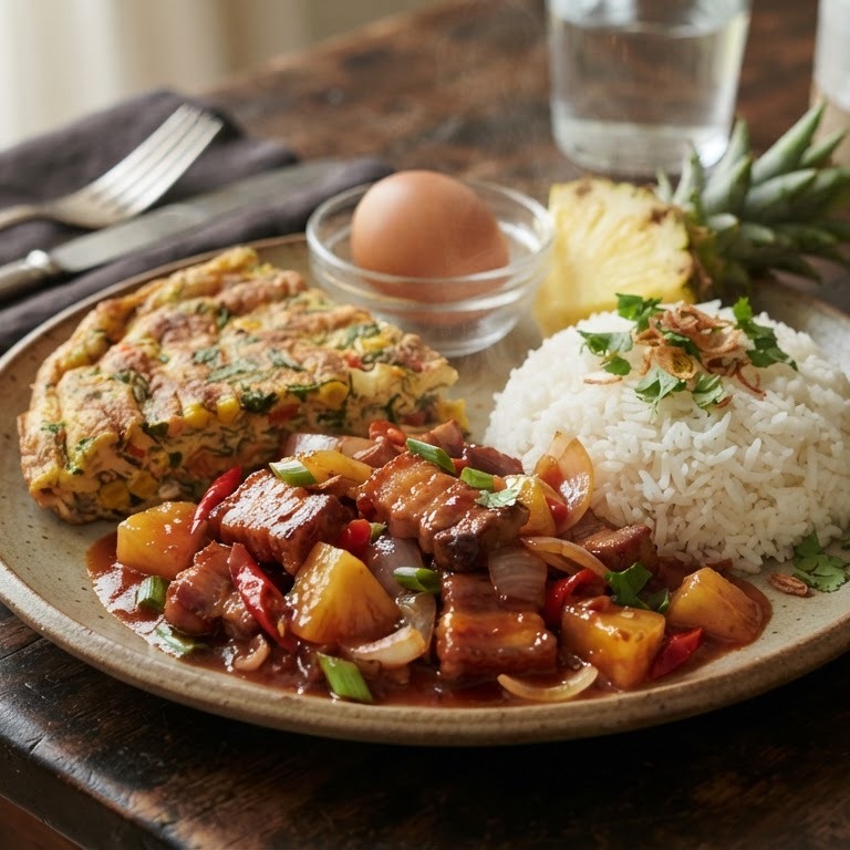 Snelle babi pangang met spek en boerenomelet