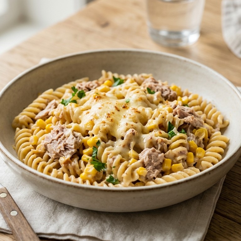 Snelle hap met pasta, tonijn, mais en kaas
