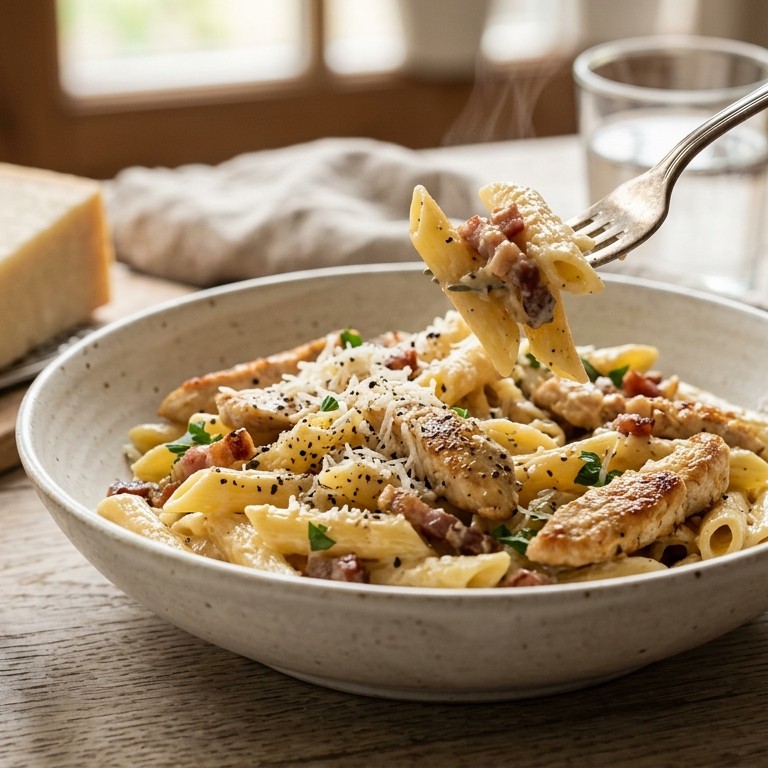 Snelle penne carbonara met kipfilet