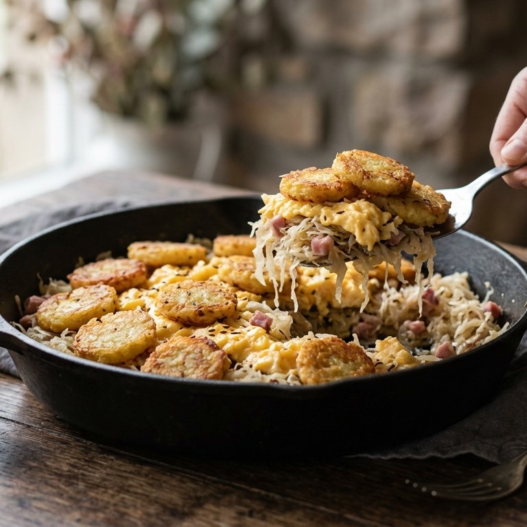 Snelle zuurkoolschotel met roerei en rösti