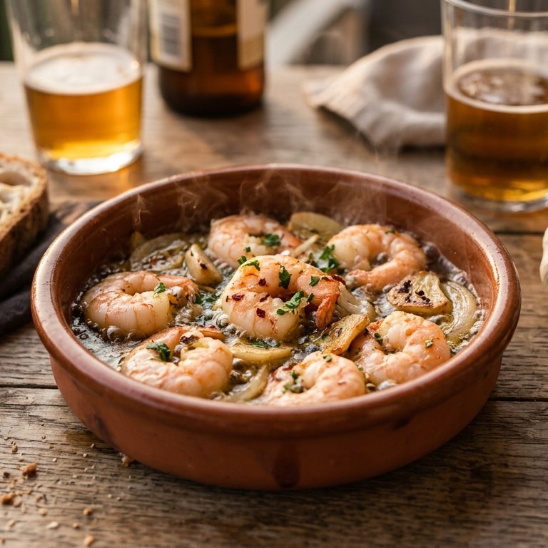 Spaans gebakken gamba's met knoflook en uien