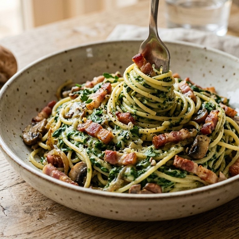 Spaghetti a la spinazie met spekjes