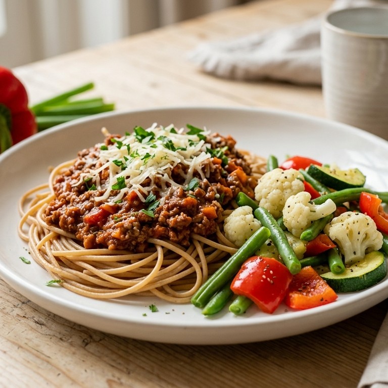 Spaghetti bolognese met gestoomde groentes