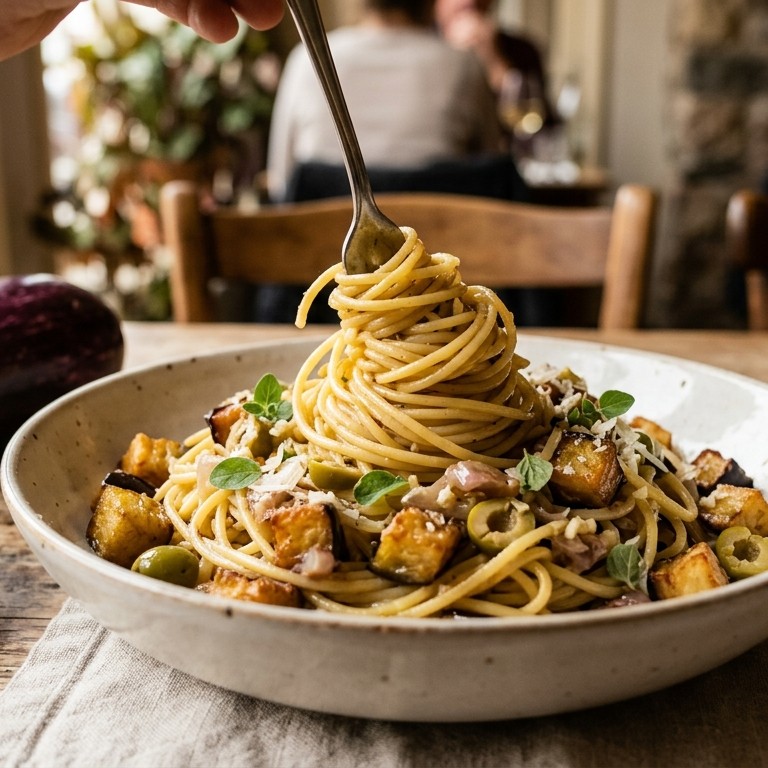 Spaghetti met aubergine, sjalotjes, knoflook en groene olijven