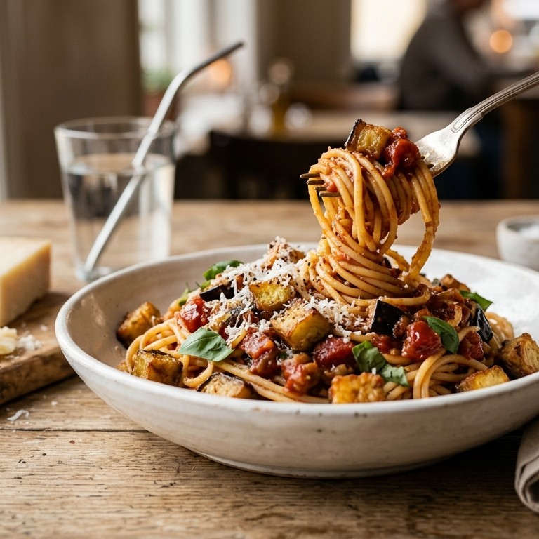 Spaghetti met aubergine, tomaten en basilicum
