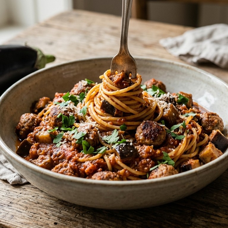 Spaghetti met auberginesaus