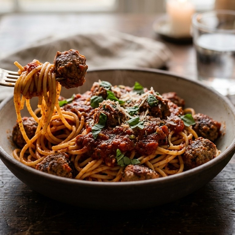 Spaghetti met balletjes in tomatensaus