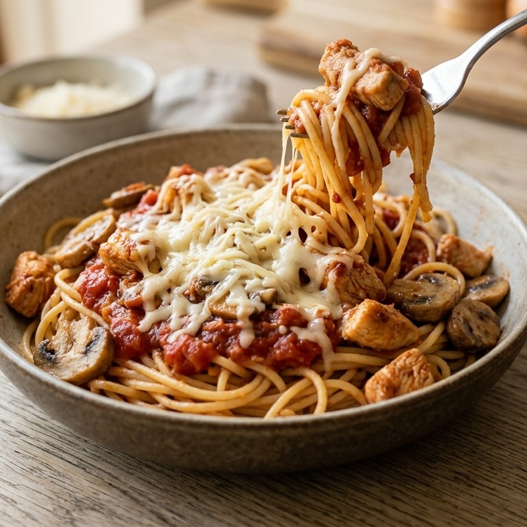 Spaghetti met champignon-kipsaus