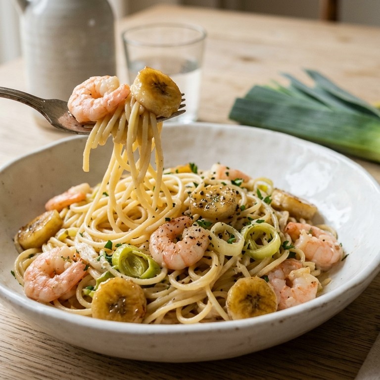 Spaghetti met garnalen en banaan