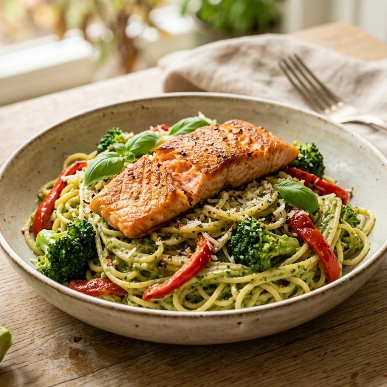 Spaghetti met gebakken zalm en pestoroom