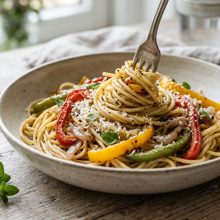 Spaghetti met gekleurde paprika