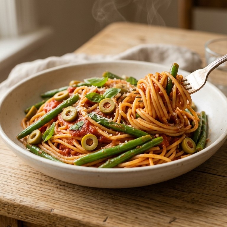 Spaghetti met haricots verts en groene olijven