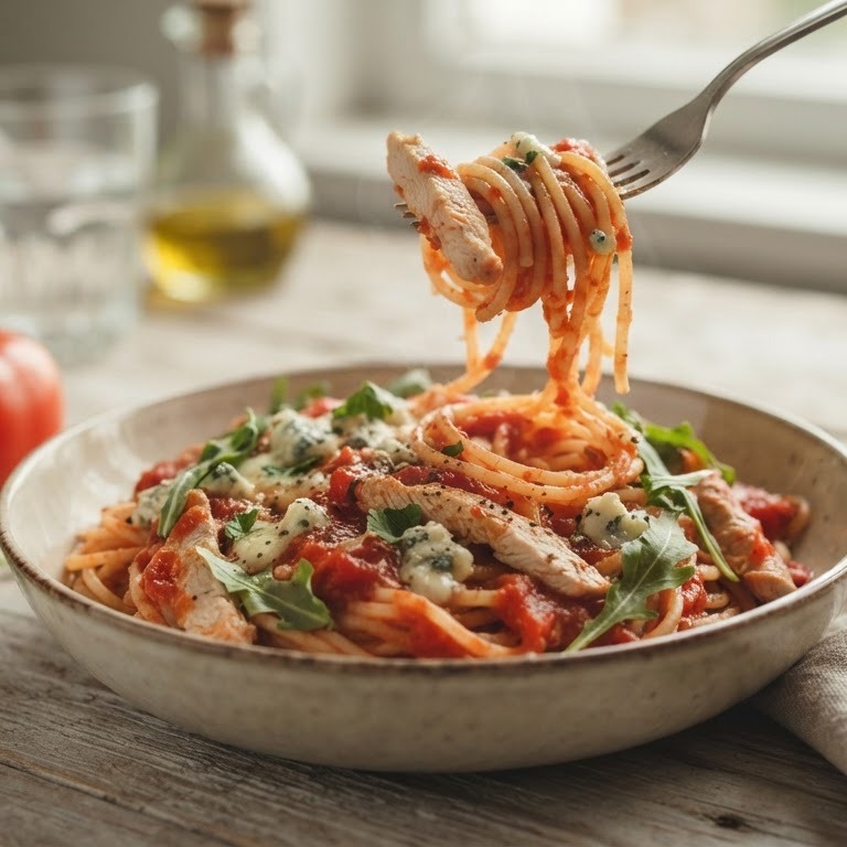 Spaghetti met kalkoenfilet en tomatensaus