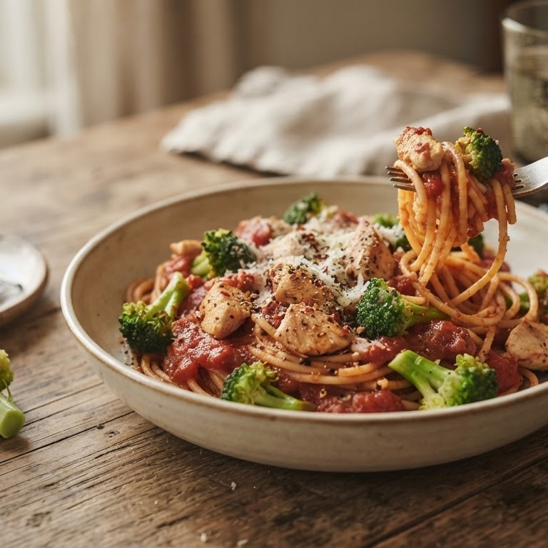 Spaghetti met kip en tomatensaus