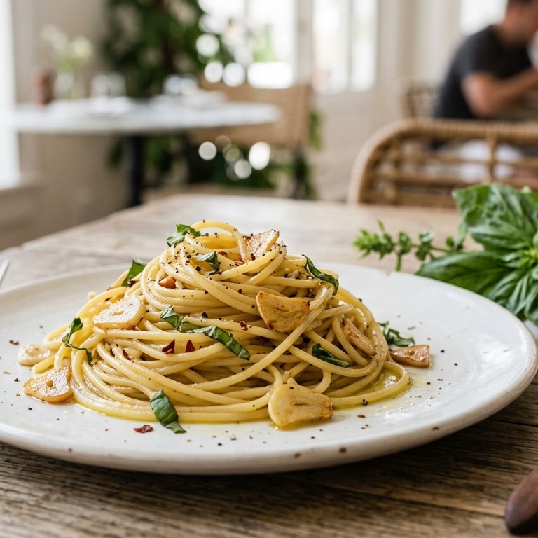 Spaghetti met knoflook en basilicum
