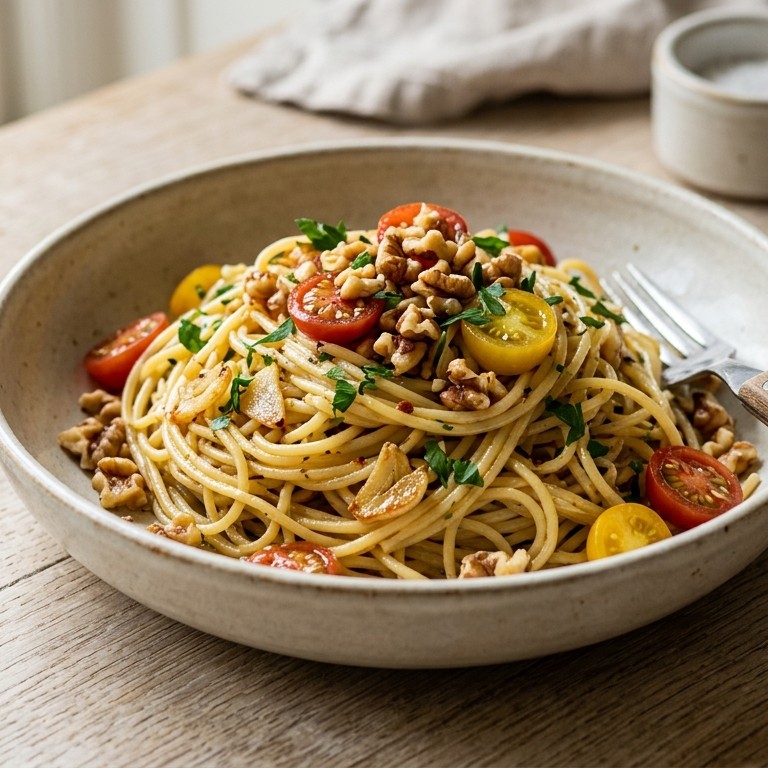 Spaghetti met knoflook en nootjes