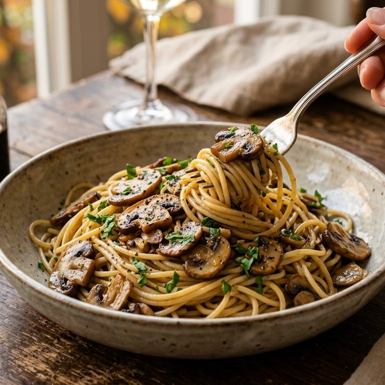 Spaghetti met knoflookchampignons
