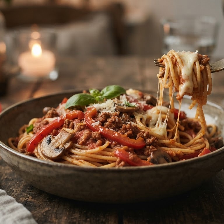 Spaghetti met paprika, gehakt en champignons