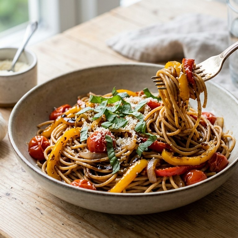 Spaghetti met paprika, tomaat en balsamico
