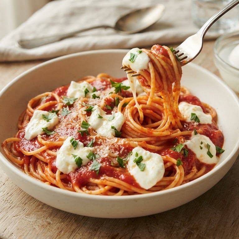 Spaghetti met pastasaus en mozzarella