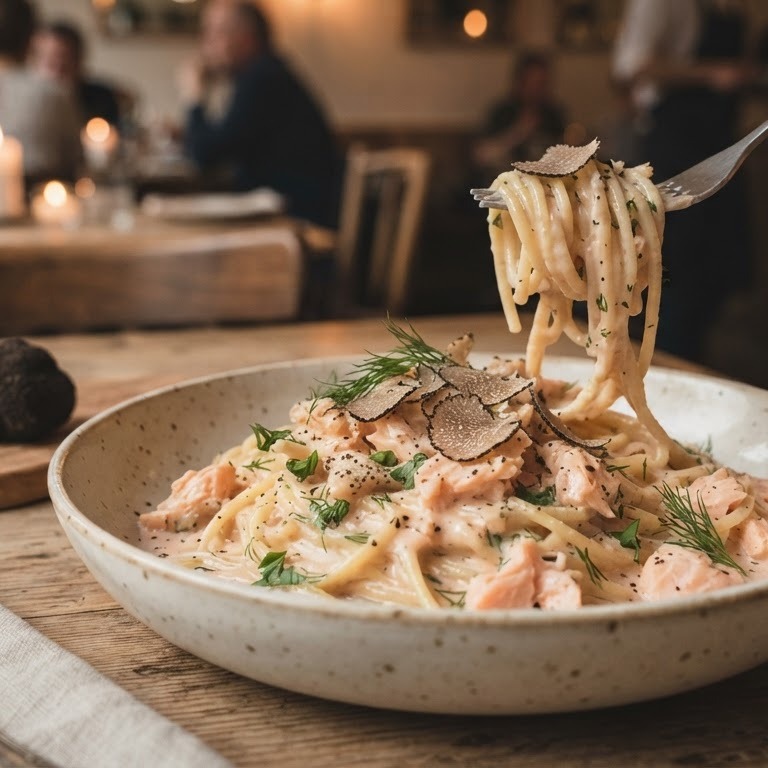 Spaghetti met romige zalmsaus en truffel