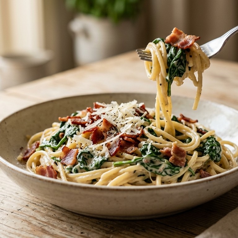 Spaghetti met spinazie en spek