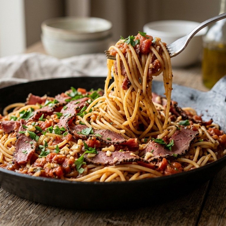 Spaghetti met tomaten en pastrami