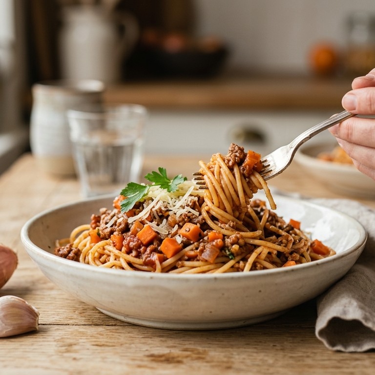 Spaghetti met tomaten-gehaktsaus en worteltjes