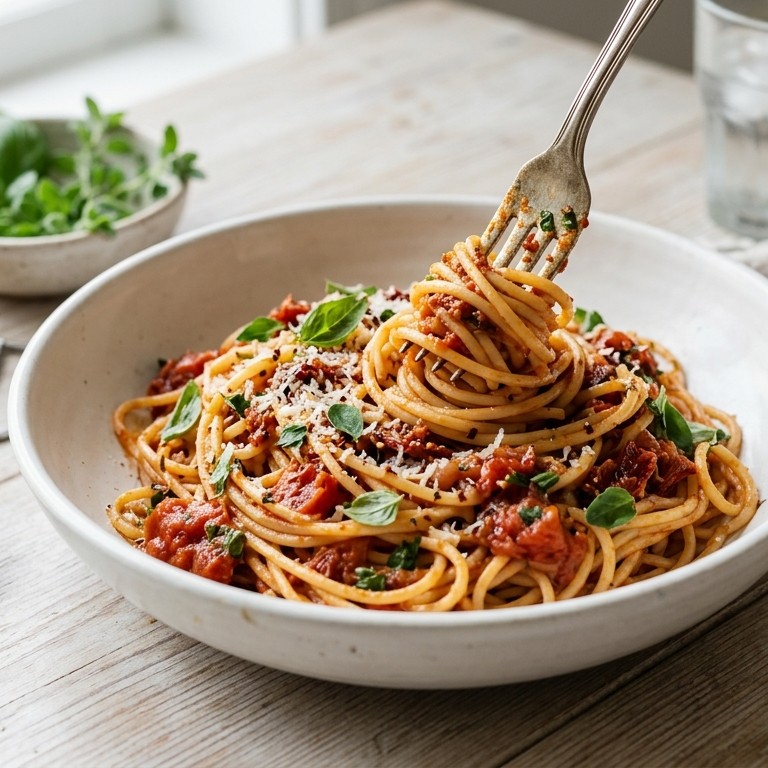 Spaghetti met tomatensaus, basilicum en majoraan
