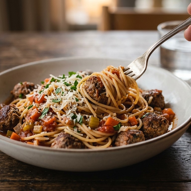 Spaghetti met tomatensaus en gehaktballetjes
