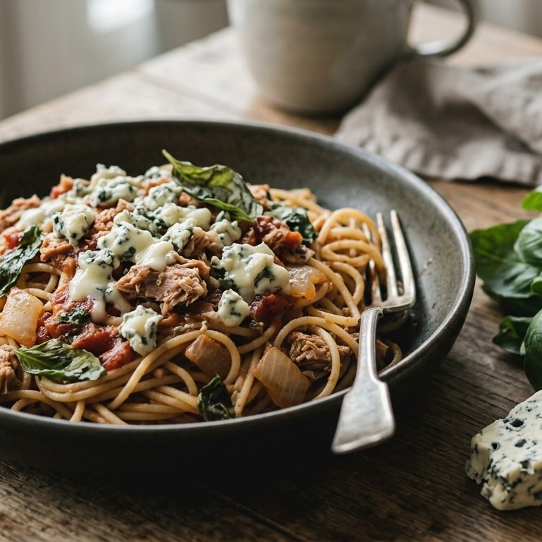 Spaghetti met tonijn, basilicum en blauwaderkaas